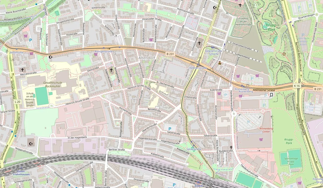 Karte von Essen-Altendorf mit der Lage der Halle an der Unterdorfstraße