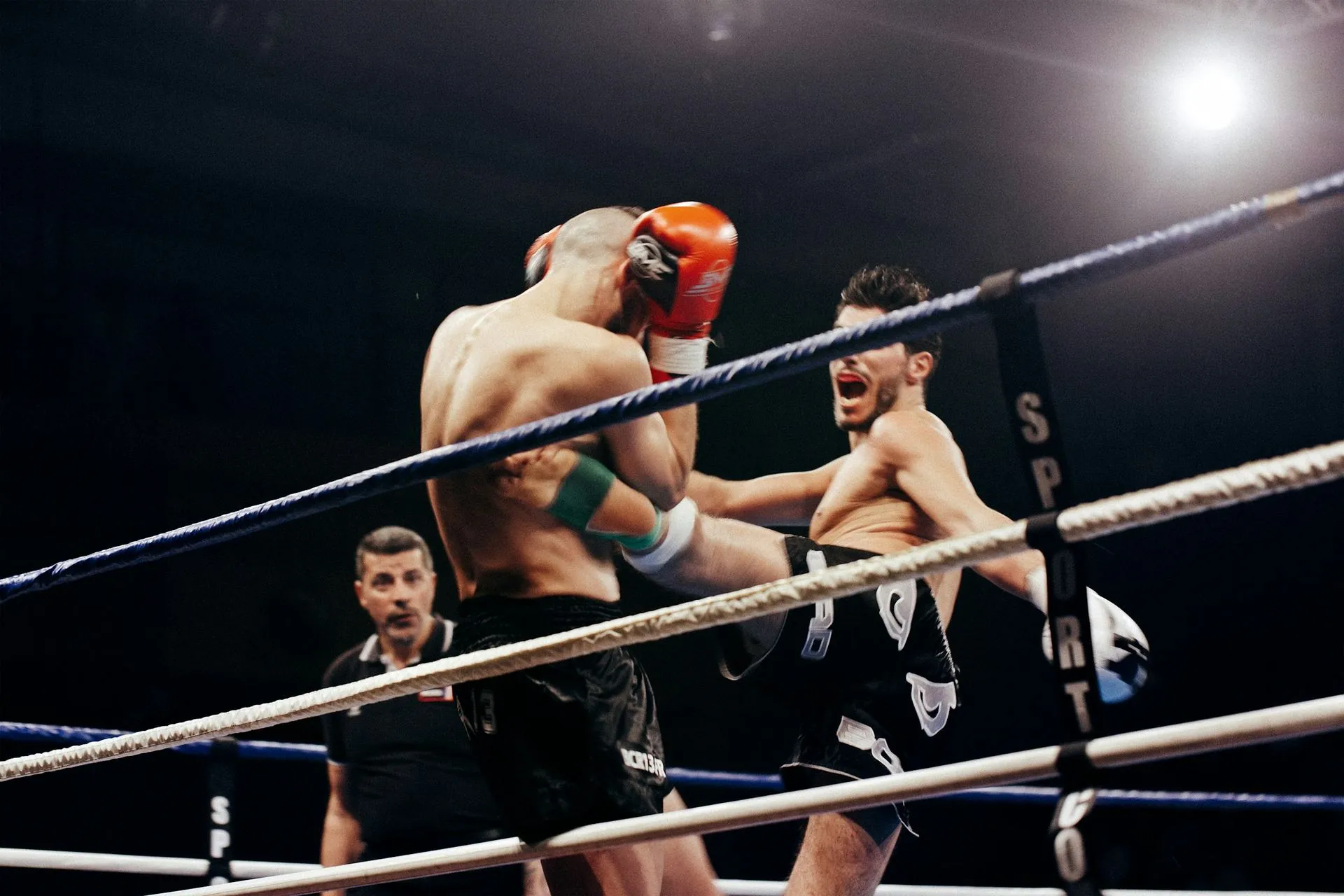 Kickboxkampf im Ring unter Scheinwerfern, links der Ringrichter